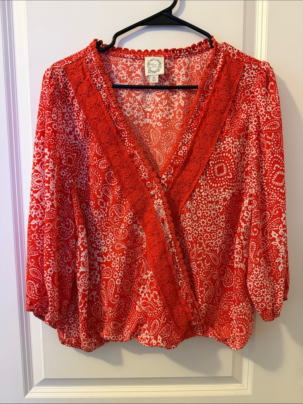 Blue Rain Red Paisley Lace-Trim V-Neck Blouse